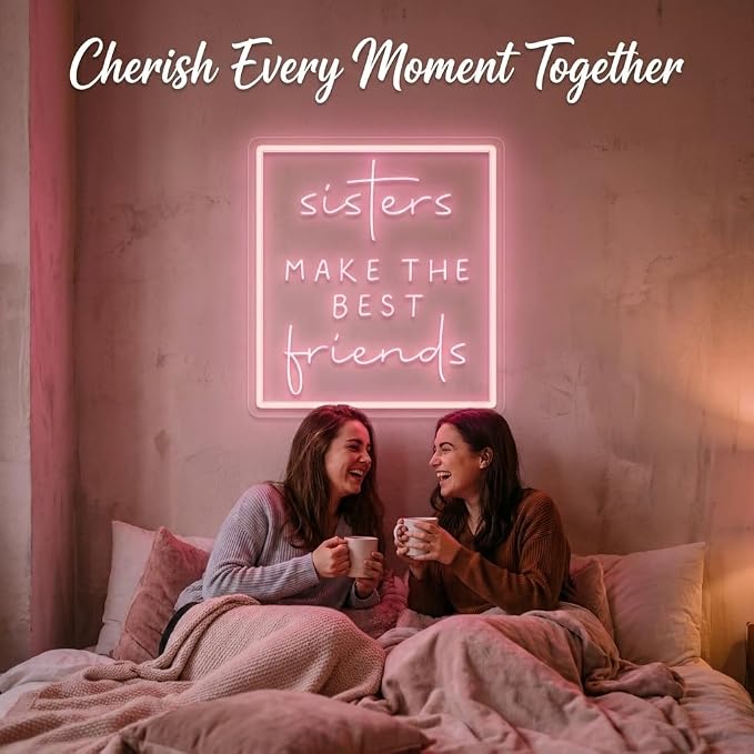 Sisters Make The Best Friends Neon Sign, Pink Led Wall Decor for Bedroom, Gift for Sister, Best Friend, BFF, USB Dimmable Aesthetic Room Decor for Girls, Unique Friendship Gift (13.8"x12.4")