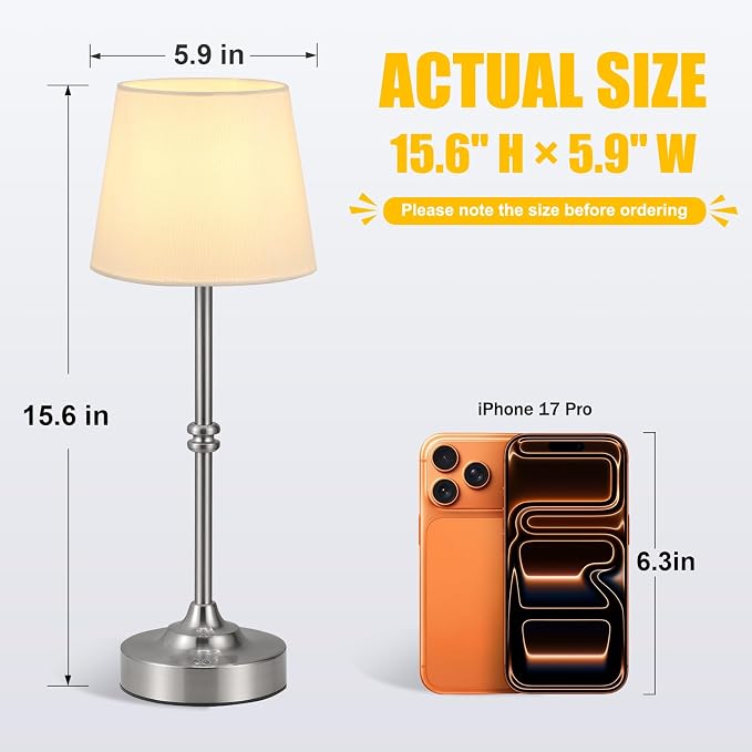 Kakanuo Rechargeable Cordless Table Lamp Silver - 2 Pack 4000mAh Battery Operated Lamp, 3000K Warm Light, Touch Control Stepless Dimming, for Bedside, Dining Table, Home Decor