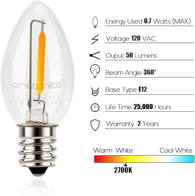 Emotionlite Night Light Bulbs, C7 Candelabra Bulb, LED Light Bulbs with E12 Chandelier Base, 0.5 Watt (4W 5W 6W 7W Incandescent Equivalent), 50LM, Warm White, 2700K, Clear, 8 Pack
