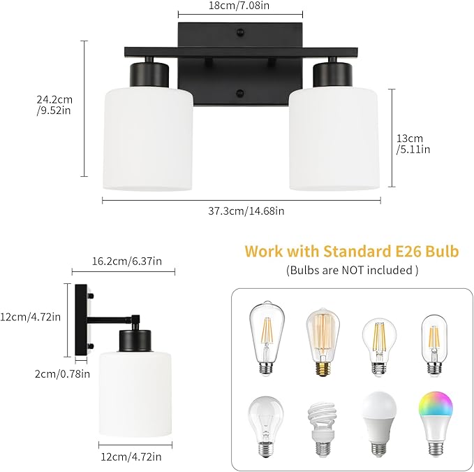 WILON Black Bathroom Light Fixtures Over Mirror, 2 Light Vanity Light with Milky White Glass Shades, Modern Bathroom Sconces, Wall Lamp for Living Room Bedroom Kitchen