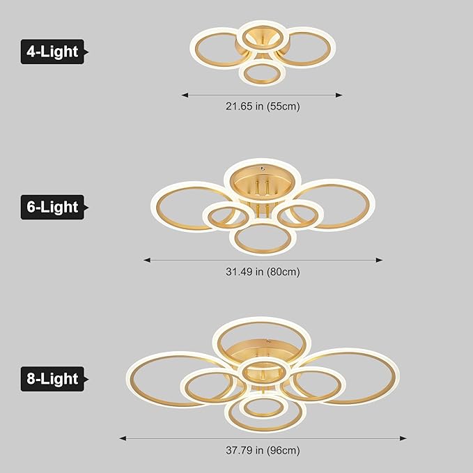 Vikaey Modern LED Flush Mount Ceiling Light, 8 Rings Gold Close to Ceiling Light Fixtures, Living Room Lighting Ceiling Lamp for Dining Room, Bedroom, Kitchen, 4000K Not Dimmable