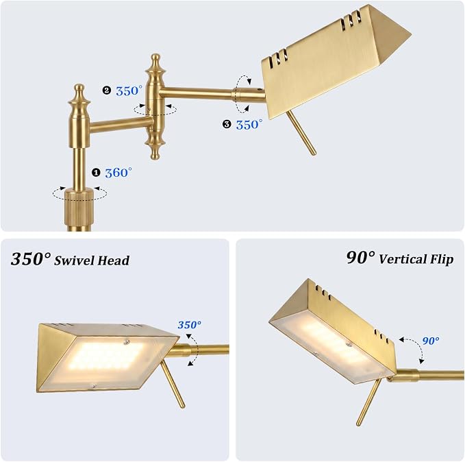 Bairth Antique Brass Reading Floor Lamp,Rotatable Pharmacy Standing Lamp | 90°Rotatable Lamp Head 3 Color Temperature, Dimmable, 17W LED, Height Adjustable, 360°Swing Arm, Living Room, Bedroom, Craft