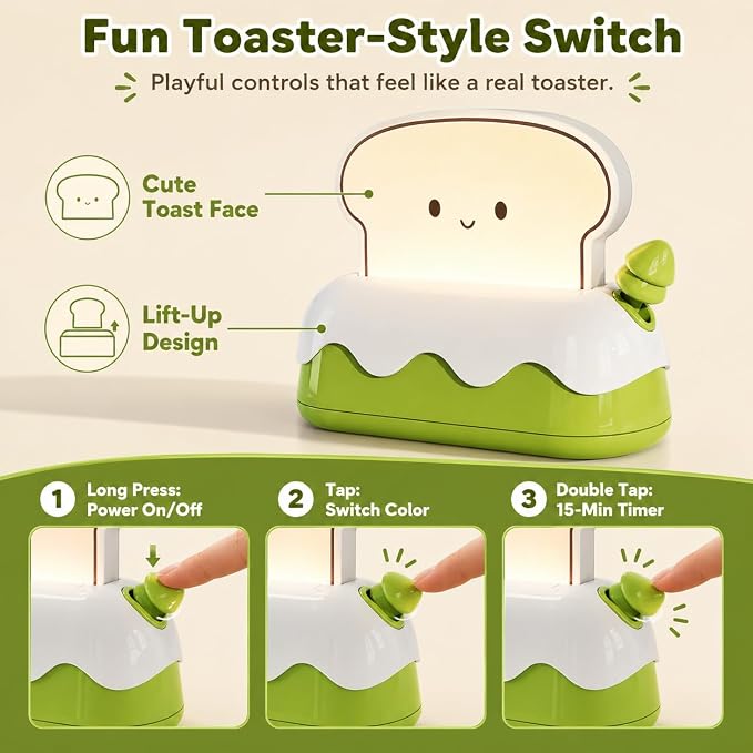 L LOHAS LED Cute Toaster Night Lights for Kids, Kawaii Stuff Bread Desk Lamp with Smile Face, Rechargeable Desk Decor for Bedroom, Besides, Dinning, Nursery Night Light for Kids, Boys, Girls, Gifts