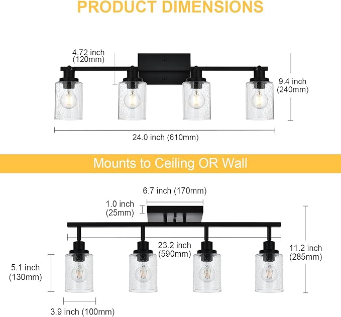 4-Light Black Track Lighting Kit Ceiling Mount Kitchen Track Lighting Fixtures, Bathroom Ceiling Tracking Vanity Light with Bubble Seeded Glass Shade & Rotatable Tracking Heads for Accent Shop