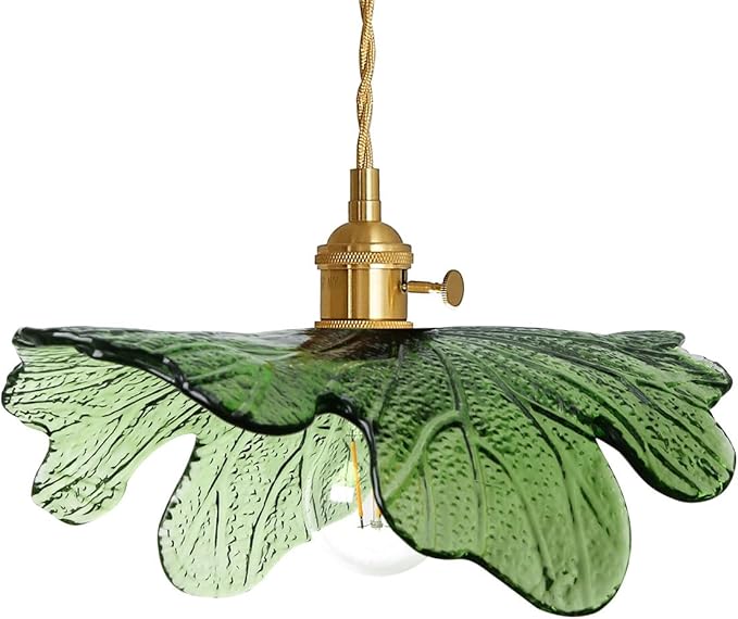 Vintage Pendant Lights Green Glass Pendant Lighting Kitchen Island Hand Blown 1-Light Brass Pendant Light Farmhouse Hanging Light fixtures with Glass Shade for Dining Room Bedroom