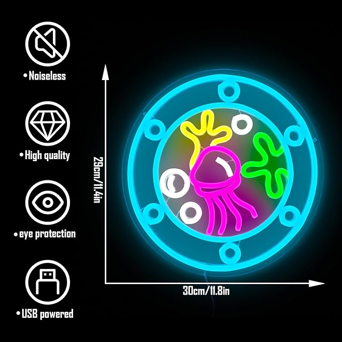 Ocean World Porthole Neon Sign Dimmable Led Under Sea Porthole Neon Light Sign Jellyfish Neon Room Sign Light Up Signs for Wall Decor Game Room Party Bedroom Decor Birthday Gift