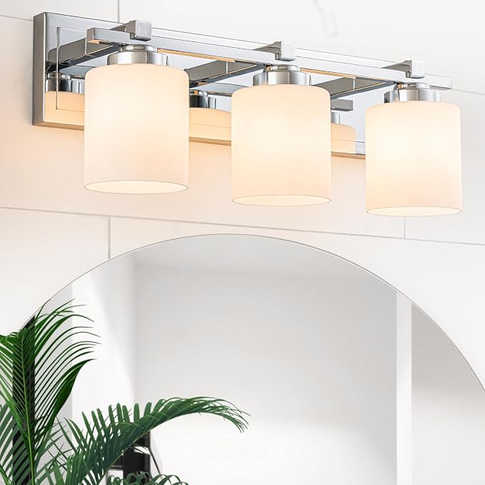 Modern Bathroom Light Fixtures Over Mirror, Vanity Lights for Bathroom Wall Sconces with Milky White Glass Shades, E26 Socket (Bulbs Not Included), 3 Light, Chrome