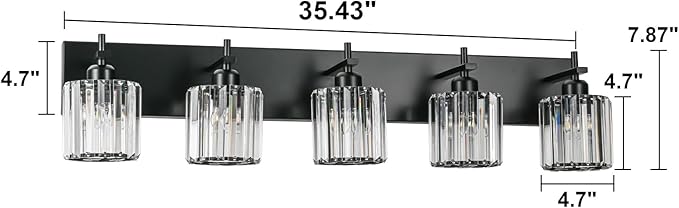 Black Crystal Bathroom Vanity Lights, Modern 5-Lights Bathroom Lighting Fixtures Over Mirror, Crystal Wall Lighting with Round Shade