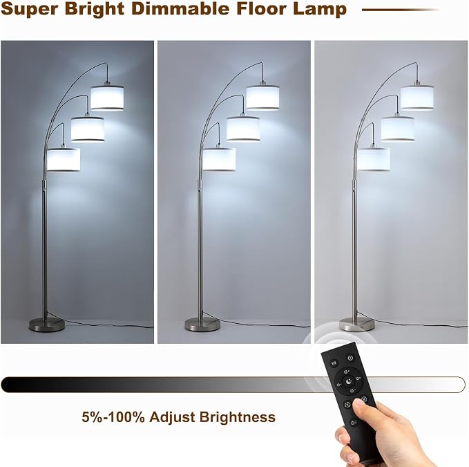 Floor Lamps for Living Room, 2400LM Super Bright Arc Floor Lamp with Remote Control, 3 Light Tall Floor Lights with Stepless Dimmable, 80" Mid Century Tree Floor Lamp for Bedroom, Office