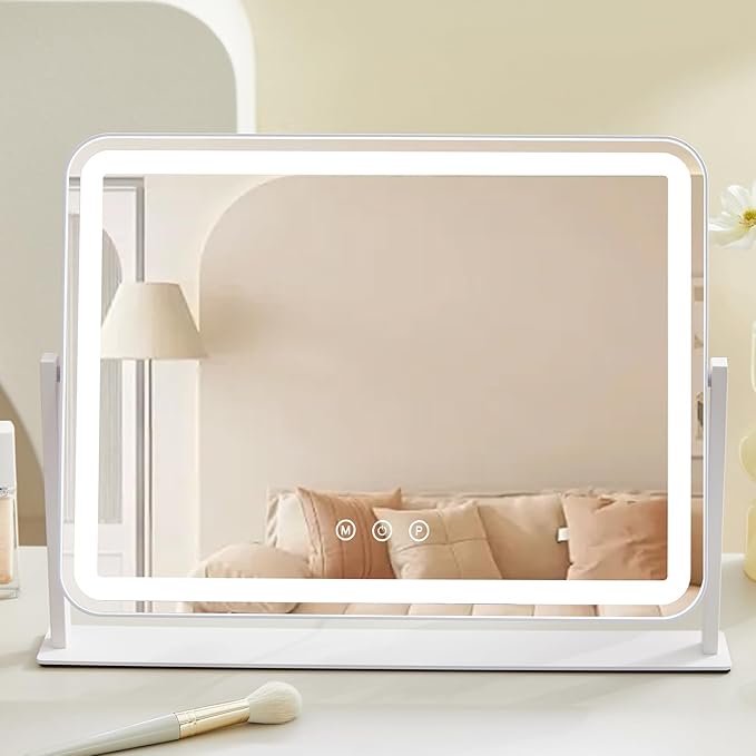 HIEEY Vanity Mirror with Lights, 13.5" x 17.4" Makeup Mirror with Lights, Three Color Lighting Modes, and 5X Magnification Mirror, Smart Touch Control, 360°Rotation (White,Gift Box)