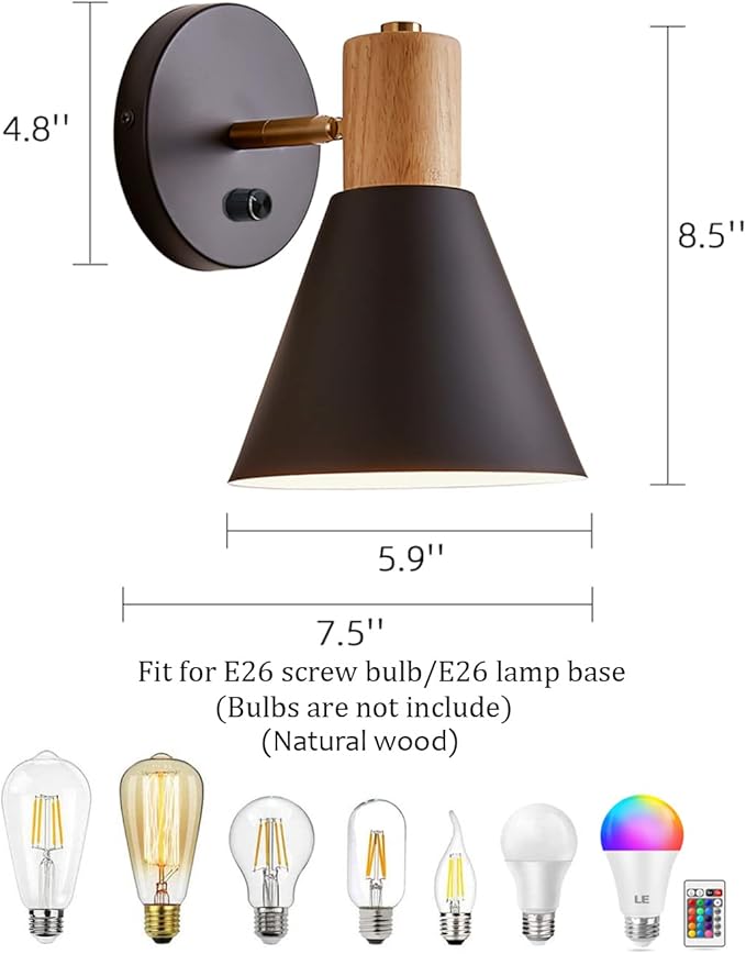 ClanKin Wall Sconces, Modern Nordic Design, 2 Pack-Black, E26, Rotateable, Industrial Bathroom Bedroom Lighting Fixture, Wall Mounted