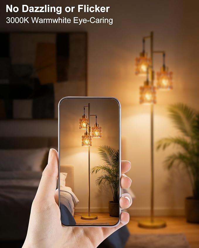 Lightdot 67" 3-Light Glass Floor Lamp for Living Room, Dimmable with Amber Glass Shade & E12 Bulbs Included, Mid Century Standing Tall Lamp with 5Lbs Heavy Base for Bedroom/Sofa Beside/Corner - Gold