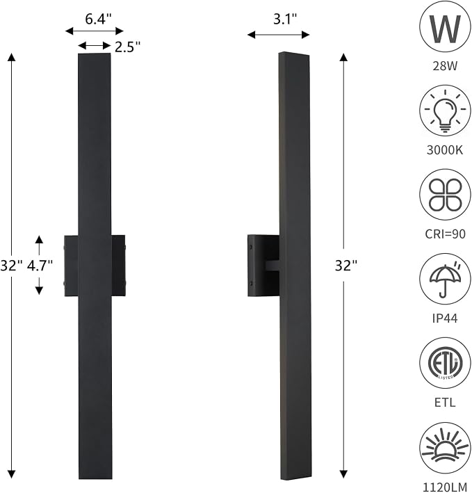 Aluminum 32 Inch Modern Wall Sconces Set of 2 LED 26W Black Sconce | WaterproofWall Lighting Indoor Outdoor Hardwired Wall Lights for Office,Porch, Bedroom, Bathroom, Living Room,Garden