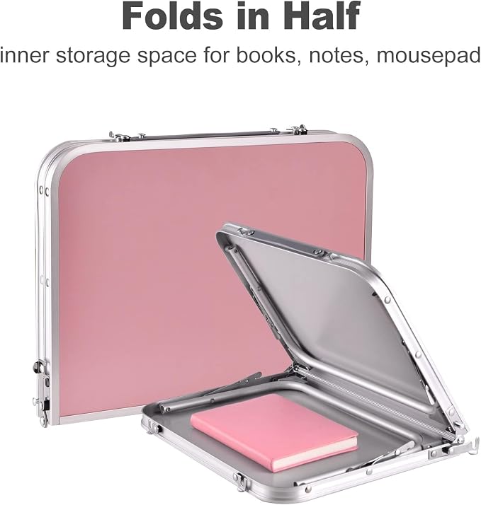 Foldable Laptop Desk, Portable Bed Table with Hidden Storage, Pink | 23.6 x 15.3 in Work Surface, Hidden Storage, Aluminum Frame, Anti-Slip Feet, Carry Handle, Safety Locks
