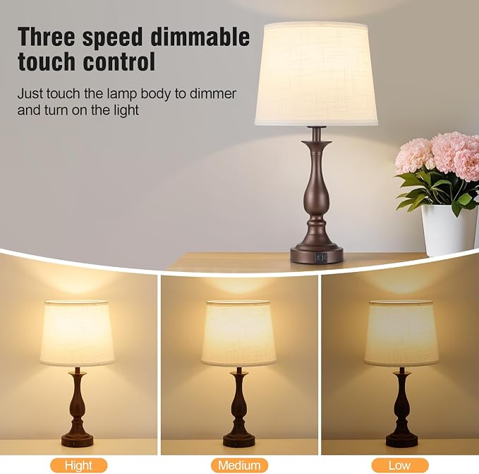 Bedside Table Lamp Touch Control Bedroom Lamps with USB A + C Charging Port 3 Way Dimmable Touch Lamps for Nightstand Living Room Bedroom Dorm Home Office Reading, Set of 2 (White Shade & Brown Base)
