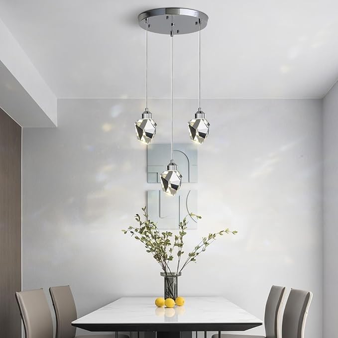 Modern Crystal Pendant Light, 3-Color LED Crystal Pendant Lamp, Adjustable Height Silver Ceiling Hanging Lamp, for Kitchen Island Bedroom Living Room Dining Room Lighting (3-Head Round Base)