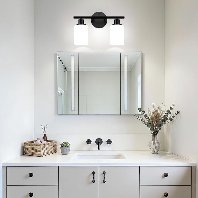 Zarbitta 2-Light Bathroom Light Fixtures,Black Modern Vanity Lights with Milky White Frosted Glass Shades,Bathroom Wall Lamp for Mirror Kitchen Living Room Hallway Cabinet Porch