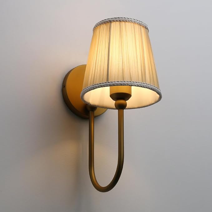 Vintage Set of 2 Fabric Wall Sconce Beige-Khaki Gauze Cloth Shade, Hardwired Curved Arm Bathroom Vanity Lights, Indoor Wall Decor Lamp for Living Room, Kitchen, Bedroom, Foyer