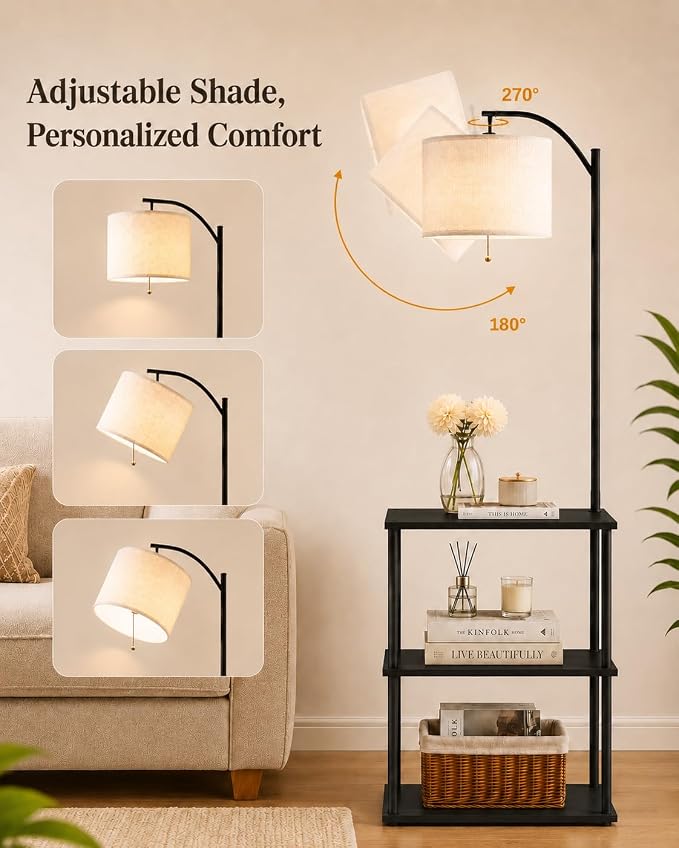 GERGO Floor Lamp with Table, Side Table for Living Room, 3 CCT 9W LED Bulb | Adjustable Linen Shade & Pull Chain, Modern Coffee End Table, Night Stand with Storage Shelves for Bedroom, Office Home Décor