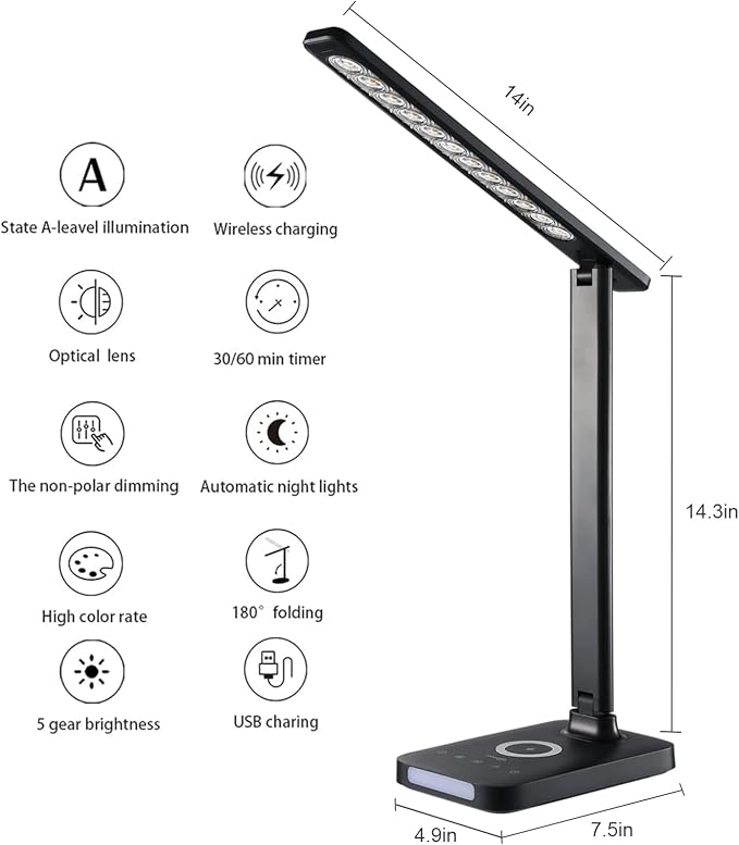 VAVOFO LED Desk Lamp with Fast Charger, USB Charging Port, Desk Light for Home Office with 5 Brightness Levels, Touch Control, 30/60 min Auto Timer, Eye-Caring Dimmable Table Lamp with Adapter