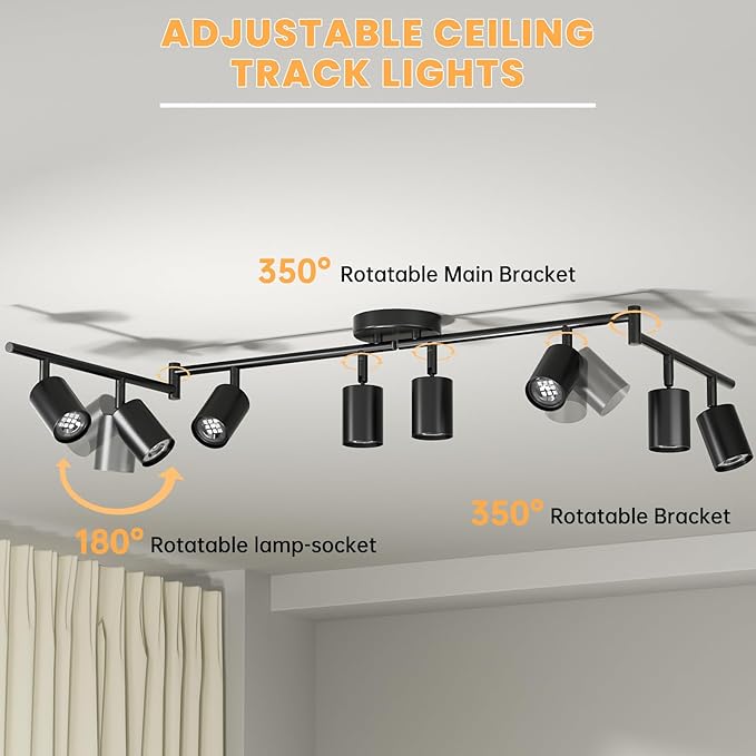 LED 8 Light Track Lighting Kit, 3 Color Adjustable Ceiling Spot Lighting Includes 8 x GU10 Bulb, Modern Track Light Fixture with Rotatable Heads for Kitchen, Living Room, Bedroom
