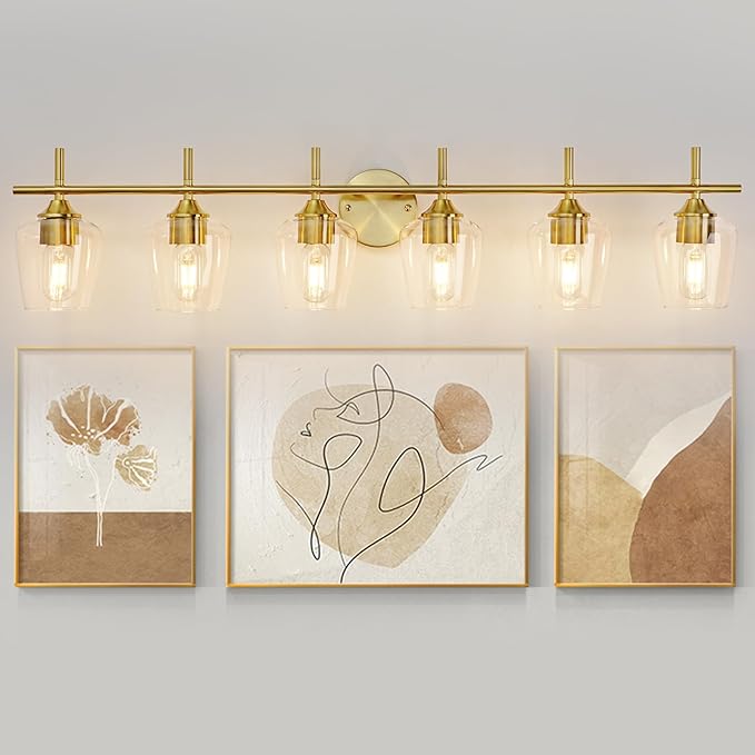 Bathroom Vanity Light Fixtures, Bathroom 6-Lights Over Mirror Modern Vanity Lighting with Clear Wine Glass Shade Wall Lamp for Bedroom Hallway Living Room (Gold, 6-Light)