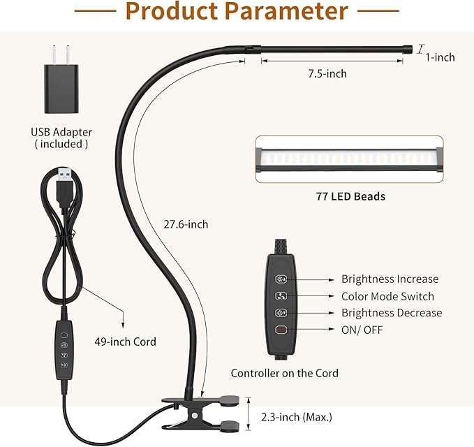 iZELL Desk Light [2-Pack] LED Desk Lamp with Clamp [77 LEDs with 3 Color Modes & 10 Brightness Levels] Flexible Gooseneck Book Light, Easy Clip-on Reading Light