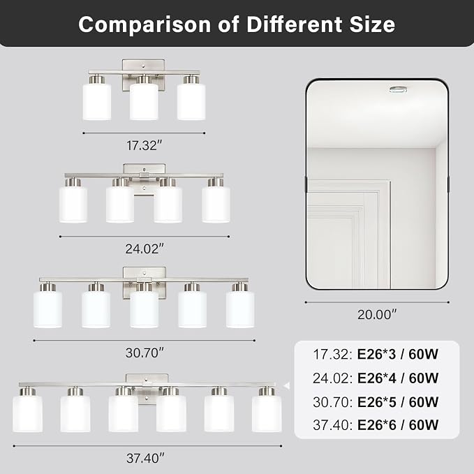FonmYim Brushed Nickel Bathroom Light Fixtures Vanity Lights Over Mirror | Modern 6-Light lighting fixtures for bathroom with Milky White Frosted Glass Shades, E26 Socket (Bulbs Not Included)