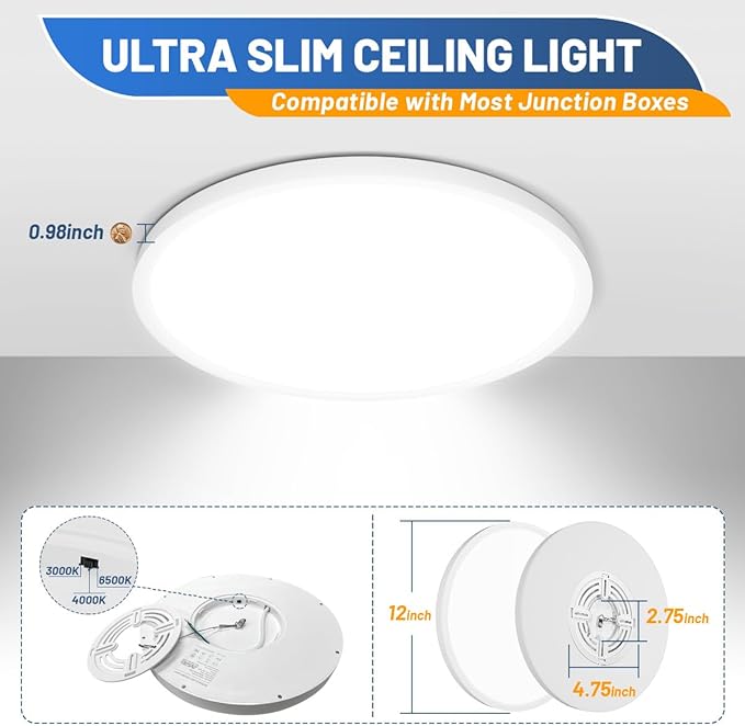 Allsmartlife LED Flush Mount Ceiling Light Fixture, 12inch 24W 2880lm CCT 3000K/4000K/6500K Thin Round Flat Panel Light Surface Mount for Kitchen, Bedroom, Laundry. Dimmable Ceiling Lamp