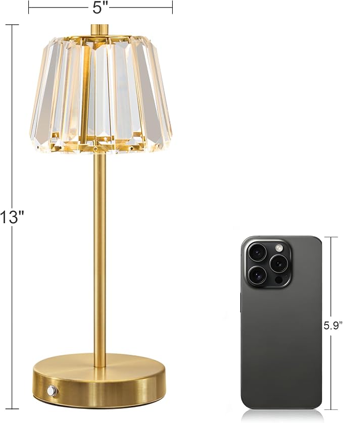 13" Small Crystal Cordless Table Lamp, Touch Rechargeable Desk Lamps | 3 Color Temps, Stepless Dimming, Gold Portable Battery Operated LED Table Lamp for Bedside, Nightstand, Kitchen, Patio, Decor