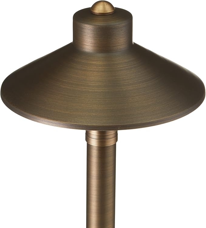 VOLT Flat Hat 12V Brass Mini Path Light (7" Shade, 15" Tall) for Low Voltage Landscape Lighting on Outdoor Pathway, Walkway, Garden, Driveway or Patio