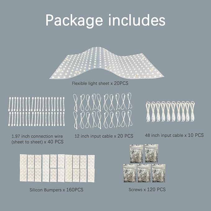 20-Pack LED Backlight Sheet 24V 36W 3000K Warm White, 19.3X9.6 inches Each Unit, Dimmable Flexible LED Panel Sheet for Backlit Translucent Stone/Marble/Onyx/Quartz Countertops Walls
