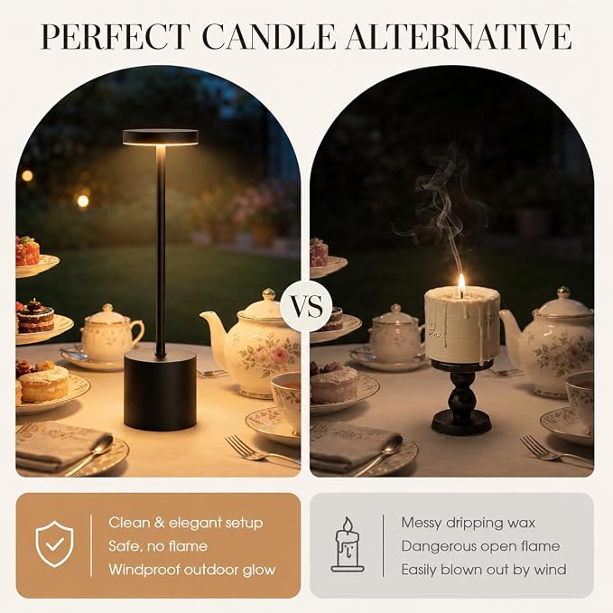 Cordless Table Lamp Set of 2, 5000mAh Rechargeable Lamp with Touch Control & Stepless Dimming, 3 Light Modes, IP54 Waterproof Portable Light for Dining Table, Patio, Bedroom, Power Outage (Black)