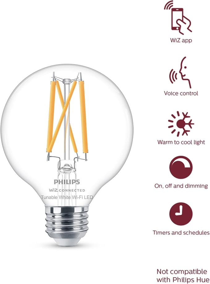 PHILIPS Smart Vintage G25 60W Tunable White Filament LED Smart Bulb 4 Pack - E26 Indoor -Connect to Your Wi-Fi - Control with Voice or App - Powered by WiZ Connected