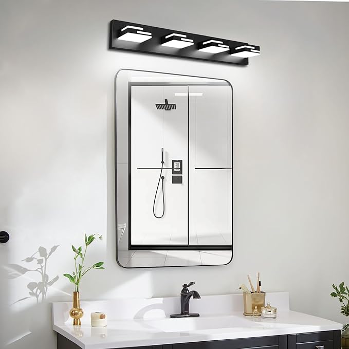 LED Modern Bathroom Vanity Light Fixtures 4-Light 5CCT Dimmable Matte Black Vanity Lights for Bathroom Lighting Fixtures Over Mirror, with 350° Rotatable Acrylic Heads, 28-inch