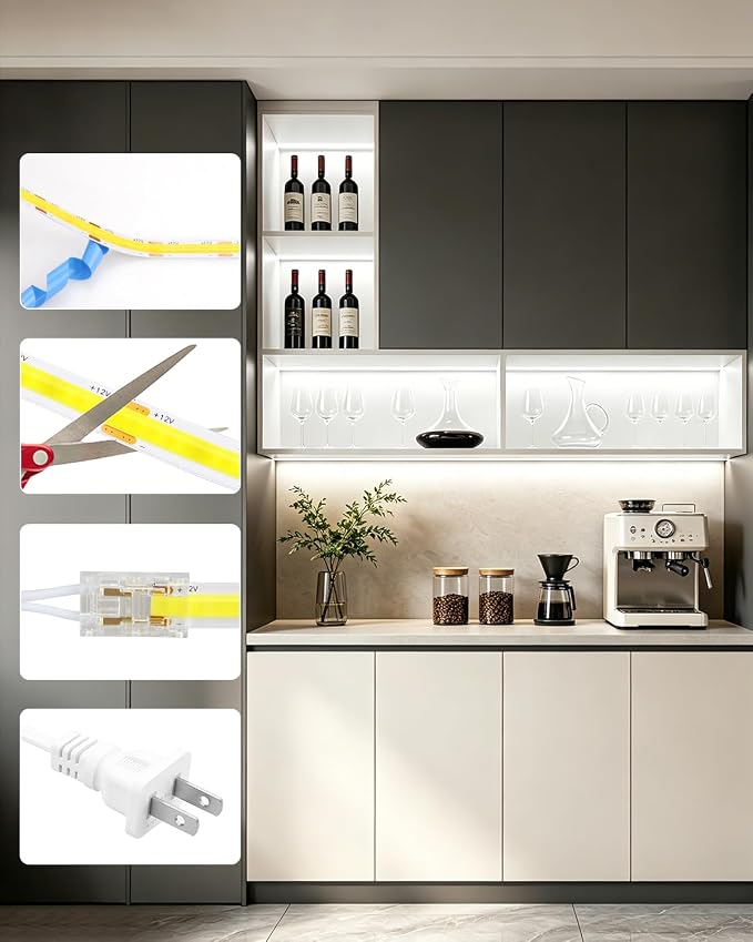 COB LED Shelf Lighting Cold White 12V Cabinet Light Plug in 16.4FT | 60W 7-in-1 Under Cabinet Lights，Touch Switch Dimmable，Flexible DIY Cuttable, 320LED/M LED Tape Light,for bookshelves pantry