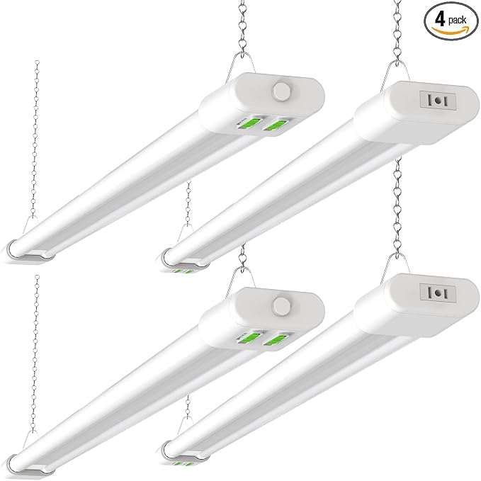 ALUSSO® 4FT LED Shop Lights, 6000LM 30W/45W/60W, 5CCT 2700K/3000K/4000K/5000K/6500K, 120V Utility Light Fixture for Garage, Hanging or Surface Mount, Linkable LED Workbench Light with Plug, 4 Pack