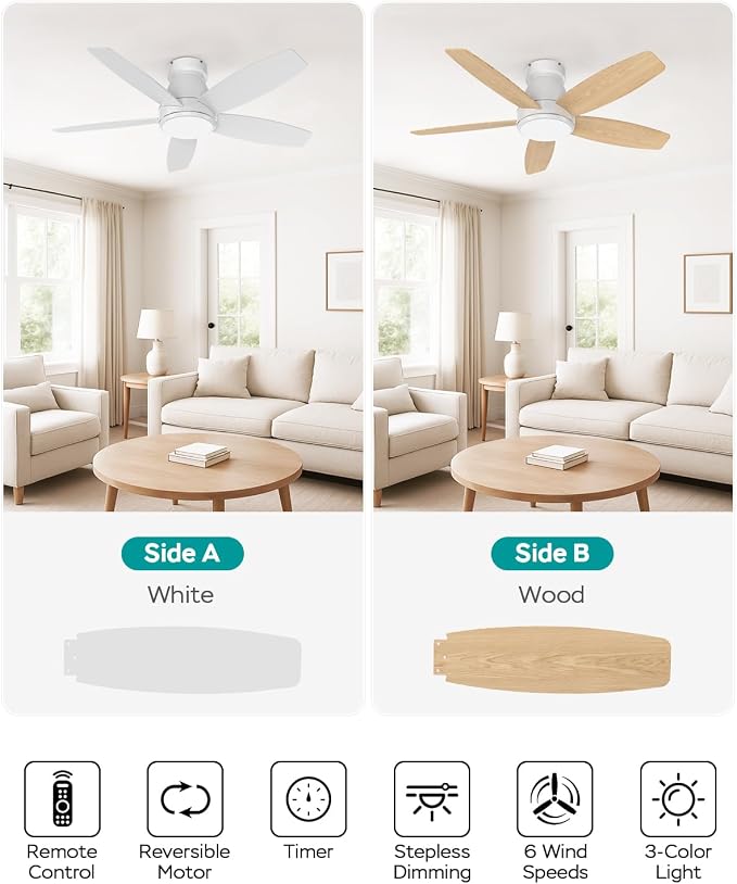 42 Inch Ceiling Fans with Lights, Quiet Reversible Fan with DC Motor, Remote & APP Control, 6-Speed, 4 Color Temperatures, Dimmable, Ceiling Fan for Bedroom Living Room,White