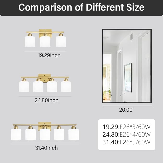 4 Light Gold Light Fixture Bathroom, Brushed Gold Vanity Light with Milky White Frosted Glass Shades, Lights for Bathroom Mirror for Living Room Bedroom Hallway E26 Base