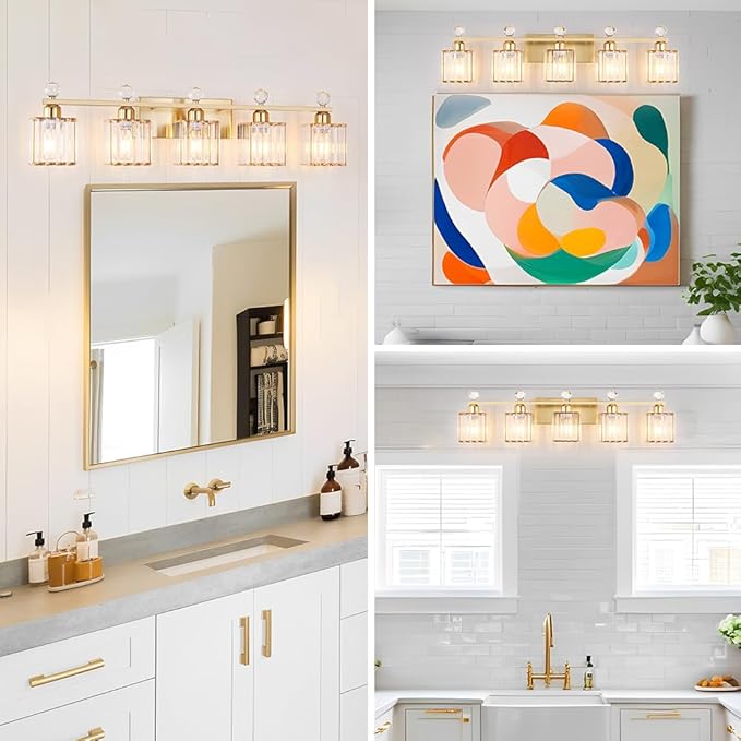 Bathroom Vanity Lights Over Mirror - Easy Installation with Clear Guide, 5-Light Shadow-Free Design, Gold Crystal Finish - for Modern Home Bathroom Lighting Fixtures in DIY Projects