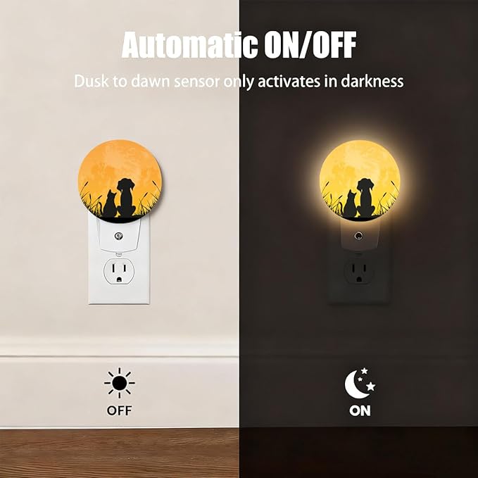 Plug-in Cat and Dog Against Full Moon Night Light with Dusk to Dawn Sensor, 0.5W LED Home Decor, Auto On/Off Decorative Nightlight for Men, Women, Boys & Girls