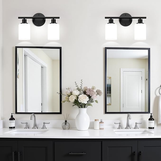 Zarbitta 2-Light Bathroom Light Fixtures,Black Modern Vanity Lights with Milky White Frosted Glass Shades,Bathroom Wall Lamp for Mirror Kitchen Living Room Hallway Cabinet Porch