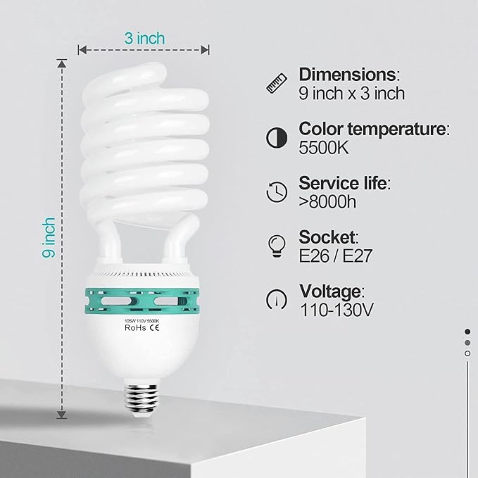 EMART Full Spectrum Light Bulb, 105W Spiral CFL 5500k Daylight for Softbox Lighting Kit, Replacement Lamp for Photography Photo Video Studio, Household Use, Portrait Shooting -2PACK