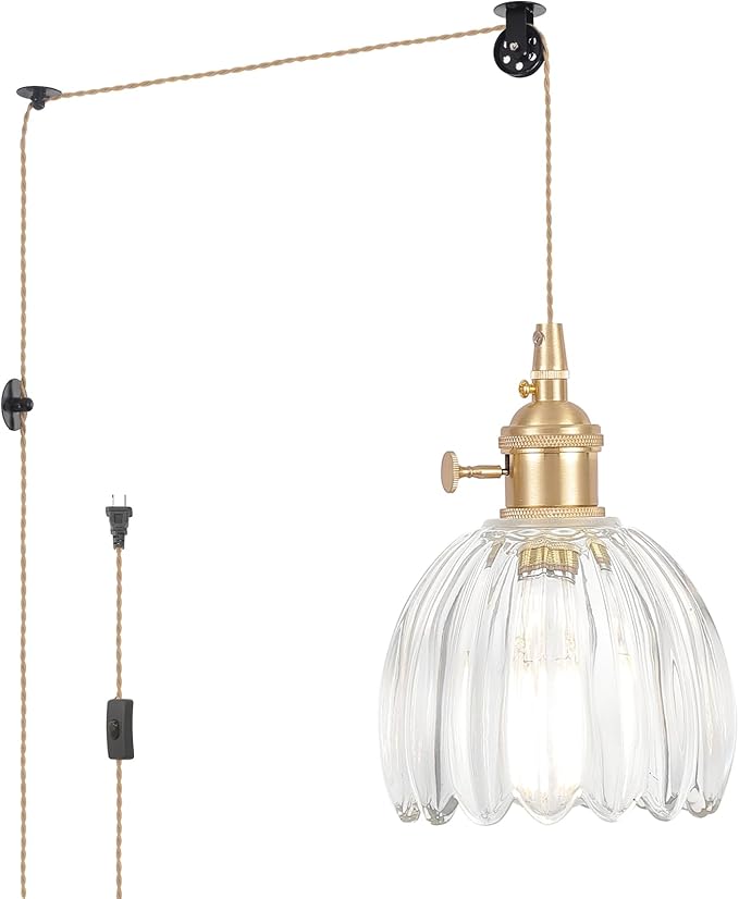 Plug in Pendant Light Hanging Light Fixture Corded On/Off Switch Brass Pendant Light with Clear Tulip Glass Lampshade for Bedroom Living Room Kitchen Island
