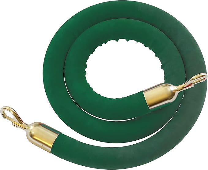 Montour Line Velvet Hanging Stanchion Rope Foam Core, 6 Foot Dark Green Rope with Polished Brass Snap Ends