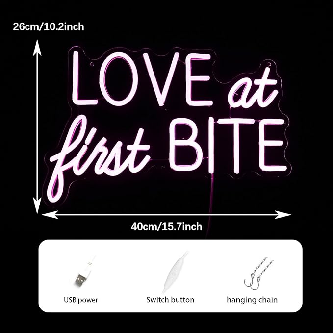 Love At First Bite Neon Sign Led Pink Words Neon Light Sign Wall Art Neon Light For Wedding Light Up Sign For bedroom Bar Pub Party 15.7"X10.2"）