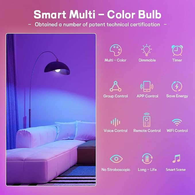 Smart Led Light Bulbs, Wi-Fi Magic Home Light Bulbs for Alexa & Google Assistant, E26, A19 Music Sync Color Changing Light Bulb, APP Remote Control on/off, Wireless, Bluetooth, 800LM, 60W,4Pack