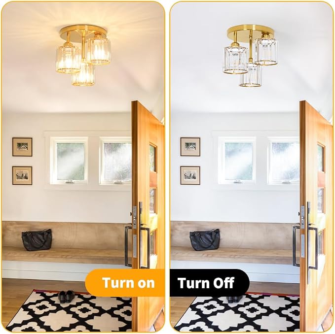 Modern Semi Flush Mount Ceiling Light, 3-Light Crystal Close to Ceiling Light Fixtures, Gold Kitchen Light Fixtures with Clear Crystal Shade, Hallway Light Fixtures for Hallway Bedroom Bathroom