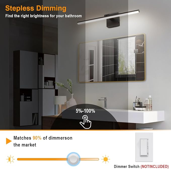 LED Bathroom Vanity Light, Modern Bathroom Light Fixture Over Mirror (3000K/4000K/6000K, Dimmable), Vanity Light Bar with Angle Adjustable, 24 Inch, Black