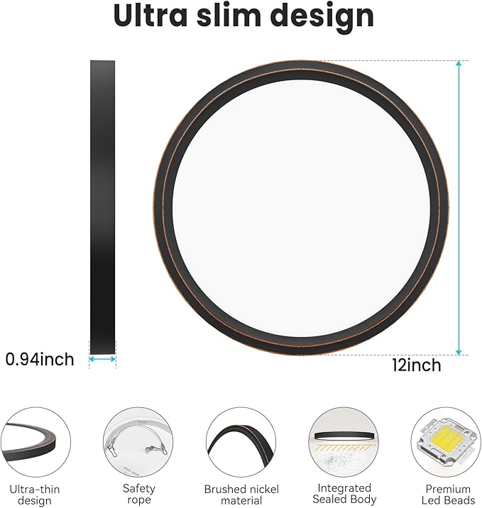 libtit 12 inch Flush Mount LED Ceiling Light Fixture, 3000K 4000K 6500K Adjustable, 28W 3200lm Oil Rubbed Bronze Round Lighting Fixtures for Bathroom Shower Hallway Kitchen, 2 Pack